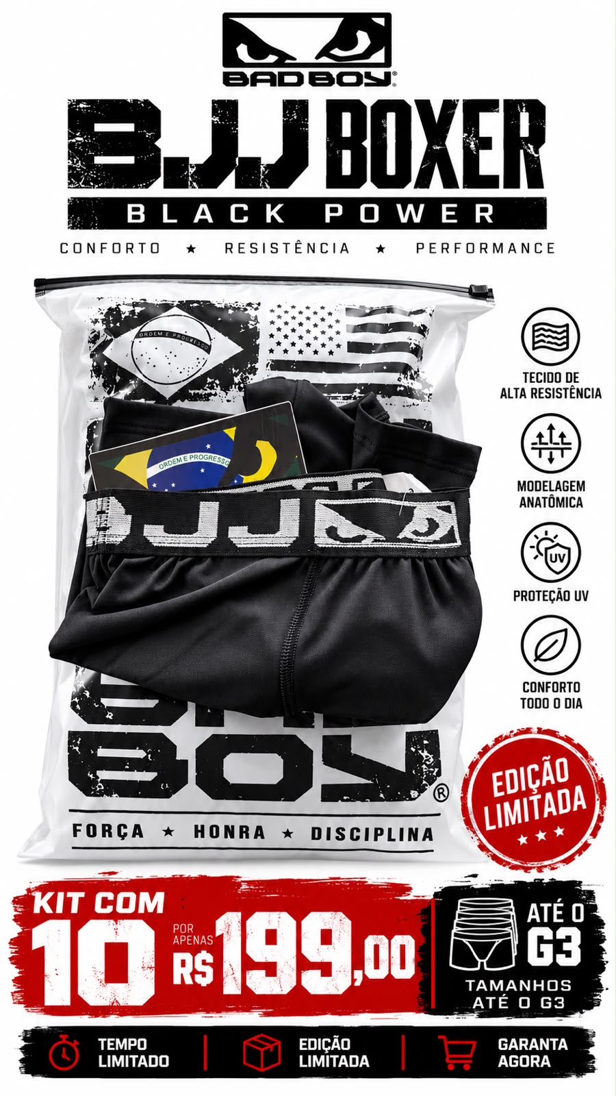 Kit de 10 Boxer BJJ Black Power